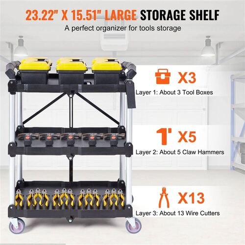 VEVOR 3 Tier Folding Rolling Utility Cart Storage Shelf Mova