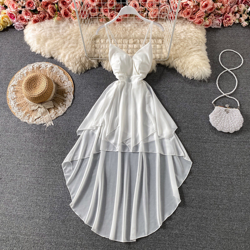Summer Black/White Irregular Spaghetti Strap Long Dress图片