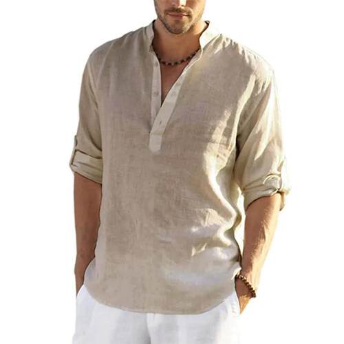 2023 New Mens Casual Blouse Cotton Linen Shirt Loose ops Lo