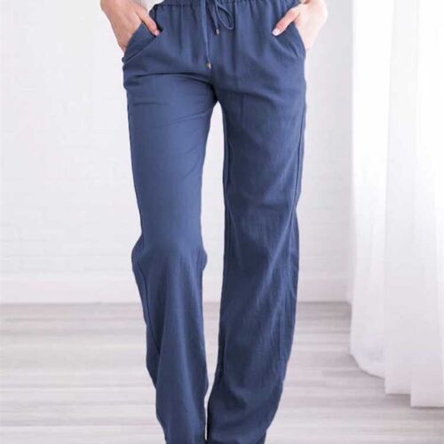 Summer Womens Cotton Linen Drawstring Loose Wide-Leg Pants