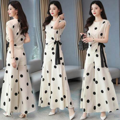 Women's Chiffon Wide Leg Pnts Skirt Suit Polk Dot For W