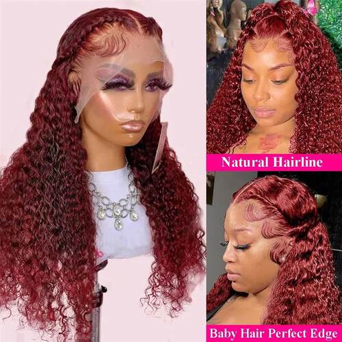 13x4 13x6 Deep Curly Lace Frontal Wig Transparent 99J Burgun