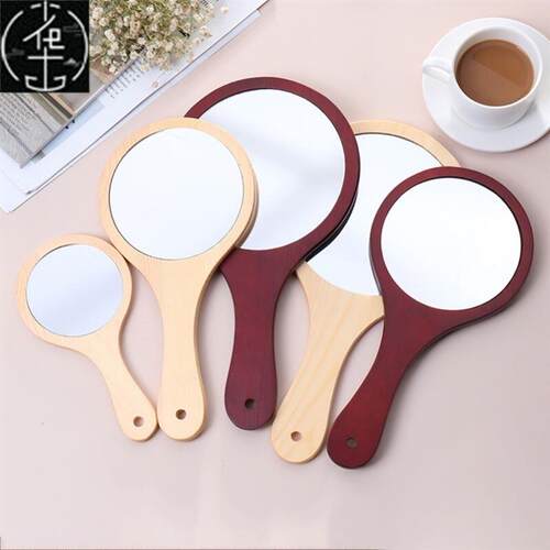 Round Wood Vintage Hand Mirror Makeup Vanity Mirror Portable