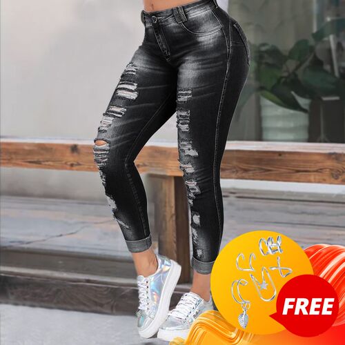 High Waist Skinny Ripped Jeans Women 2023 Fashion Trousers W