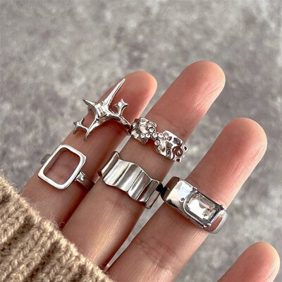 KM Silver Color YK Geometric Star Ring Set Irregular Ziron