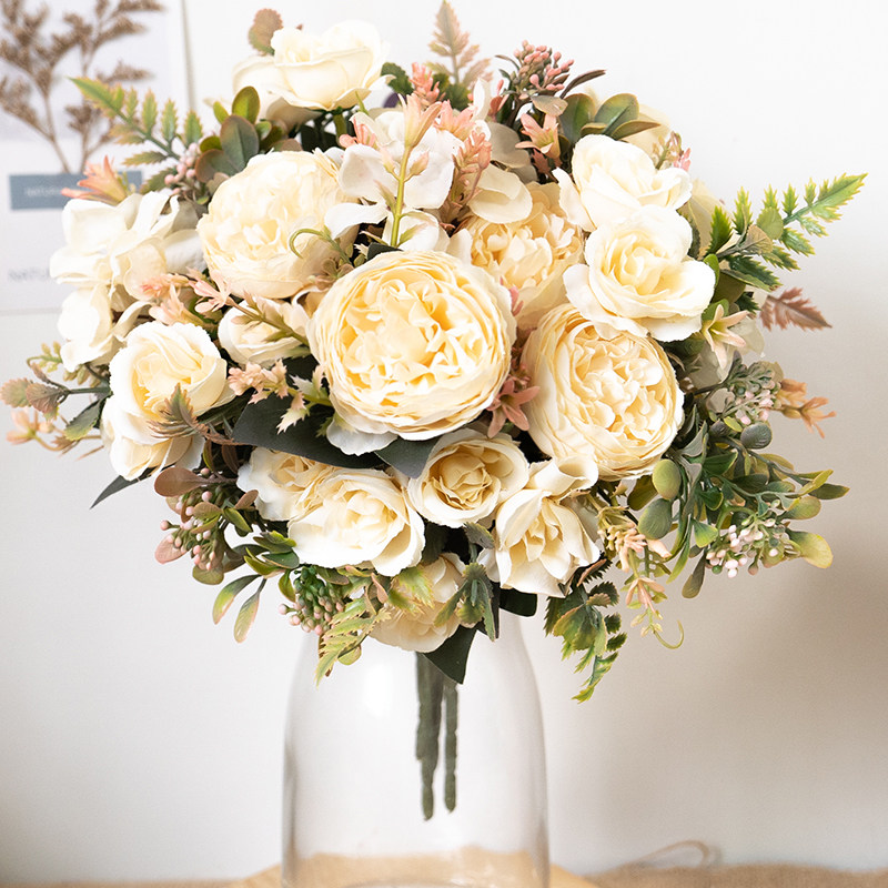 Silk Artificial Rose Flowers Cheap Autumn Decoration White W图片