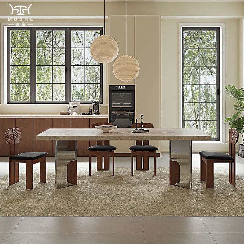 暮奢法式复古洞石岩板餐桌椅实木家用别墅中古风下挂长方形餐桌,住宅家具,岩板餐桌,淘宝优惠券,粉丝福利购,淘宝优惠卷