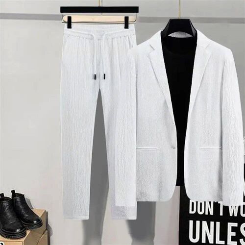 2Pcs Men Blazer Pants Set Spring Fashion Suit Stripe Pleats