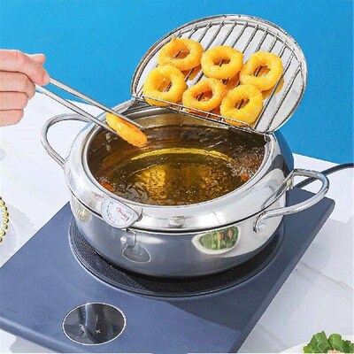 Deep Fryer Pot with Strainer Basket and Thermometer