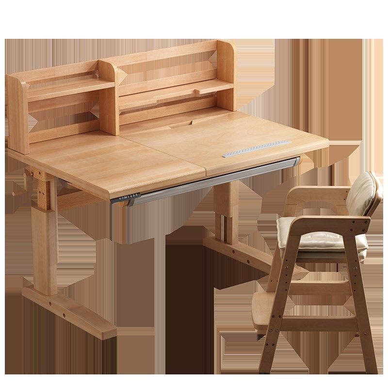 宏望实木儿童学习桌书桌书架一体小学生家用可升降写字桌椅子装