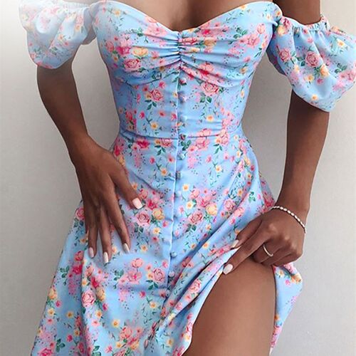 WildPinky  Summer Print Dress French Style Puff Sleeve