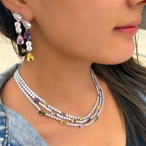 ThreeGraces Shiny Colorful Cubic Zirconia 3 Rows Multi Layer