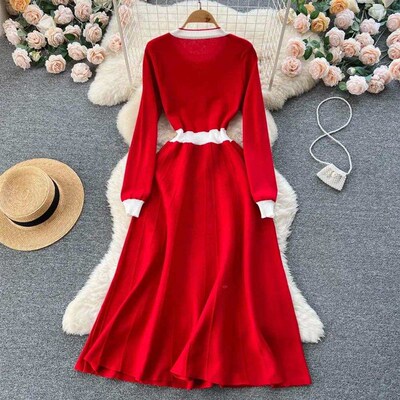 Women Long Knit Red Sweater Dress Autumn Winter Knitted Plea