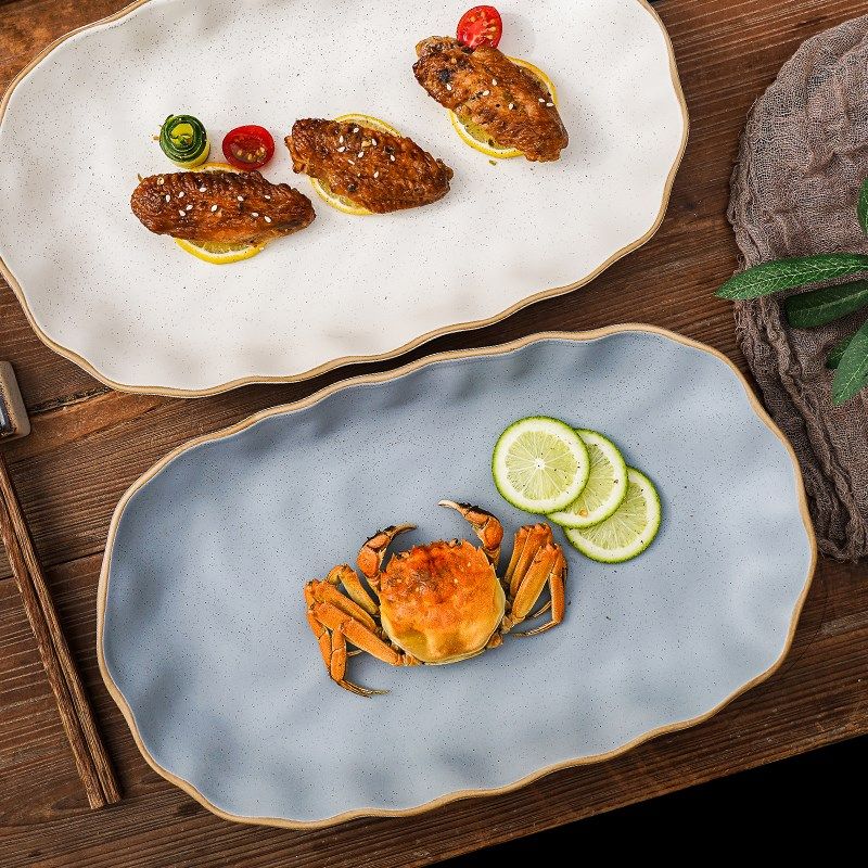 椭圆形鱼盘蒸鱼盘家用新款花边长盘子大尺寸鱼盘创意盘子烤箱可用