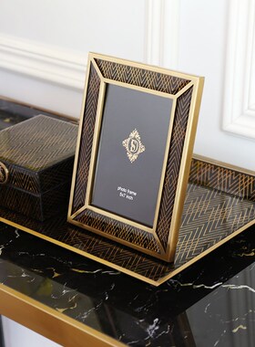 家居套装黑彩金托盘摆件黄铜金属相框菱形格子线条首饰盒装饰品
