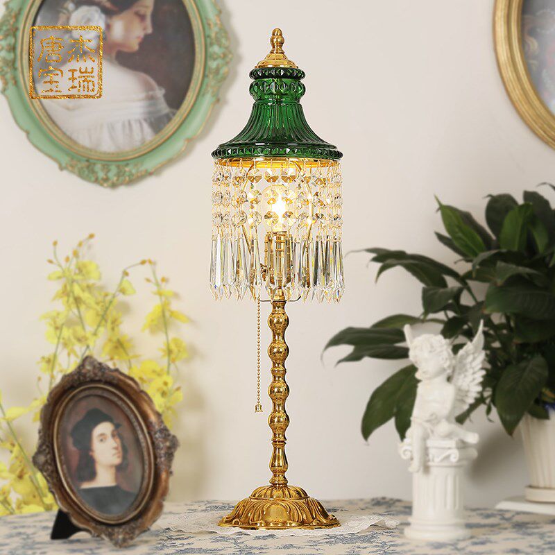 法式复古欧式水晶玻璃台灯 中古风 欧式黄铜雕花卧室客厅装饰灯具