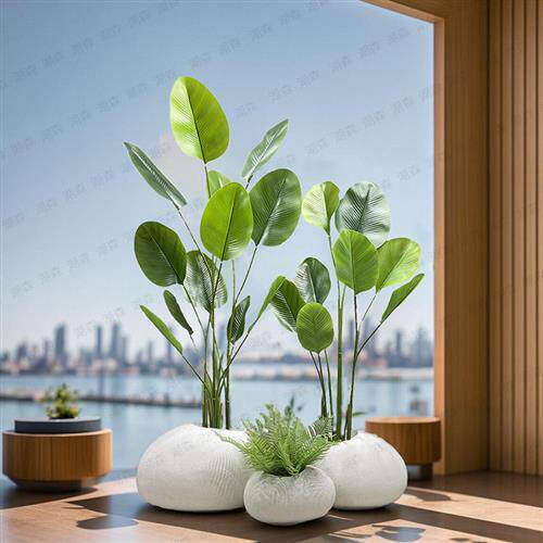 简约欧式落地花盆石头花器样品屋展示中心假树龟背芋芋树彷真花装