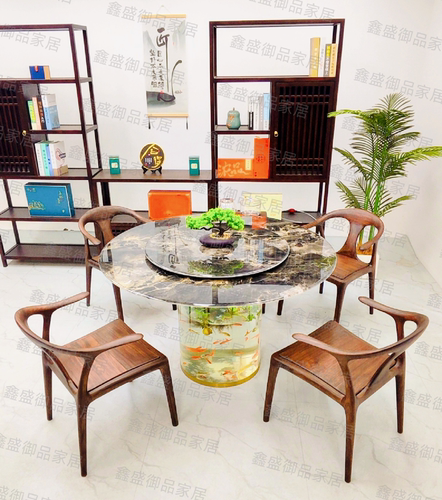 超晶石圆桌意式极简餐桌创意家用餐桌亚克力悬浮鱼缸超晶石餐桌