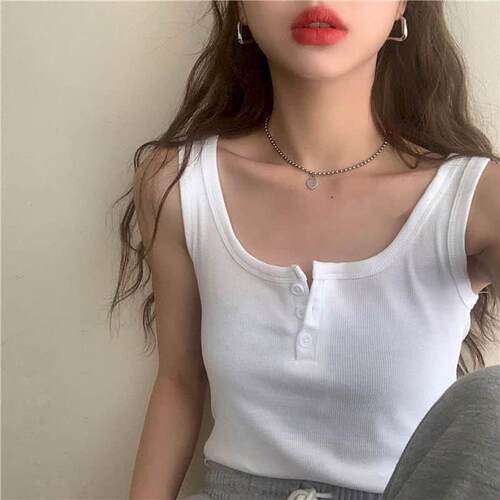 Tanks Women Pure Button Cropped Fashion Ladies Clothes Mujer