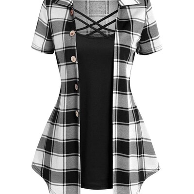 Crisscross Plaid Print Mock Button Casual Faux Twinset T Shi