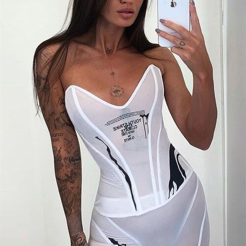 Kliou Hipster Mesh Two Piece Set Women See Through Letter Pr