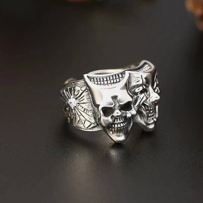 Retro Two Face Joker Ring For Men Silver Color Punk Gothic A