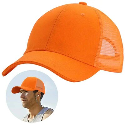 Orange Peaked Cap With Spliced Mesh Design Fashionable Baseb