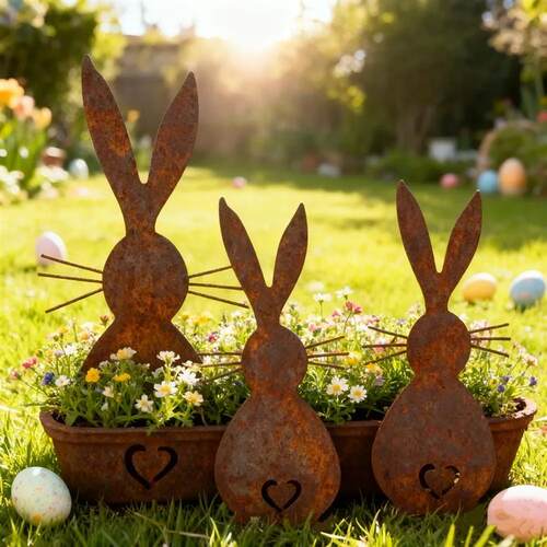 3pcs Metal Garden Stakes Easter, Rusty 2D Flat Ground Plugs,