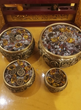 纯黄铜精品招财进宝聚宝盆七彩宝石五帝钱黄水晶元宝店铺公司摆件