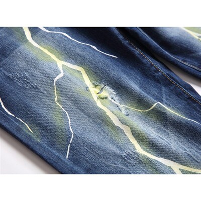 Wind Personality Lightning Hole Digital Print Fashion Jeans