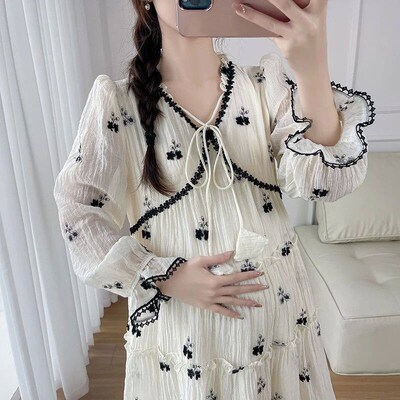 Autumn Maternity Dress Fashion Printed Ruffles Patchwork Pre