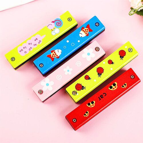 10PC Wooden 16 Hole Cartoon Pattern Harmonica Children Birth
