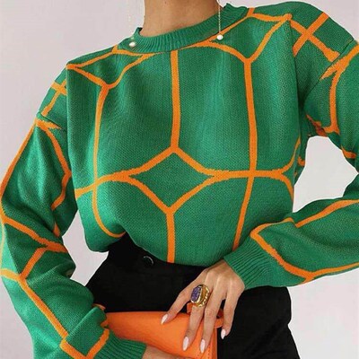 Women Sweater Elegant Pullover Green Striped Knitted Womens