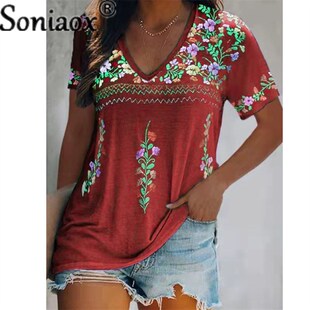 Sexy Boho V Neck Patchwork Blouse Tops 2022 Summer Women Sho