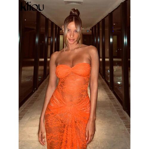 kliou Summer Women Maxi Dress Sexy Pure Lace Floral Wrapped