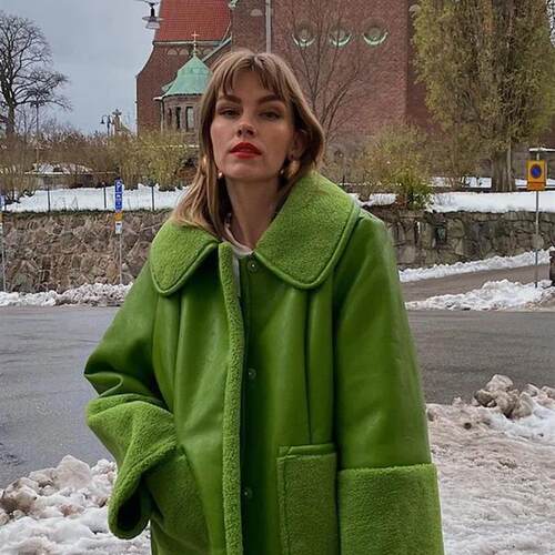 Green Autumn PU Lapel Women Coat Winter Single Breasted Long