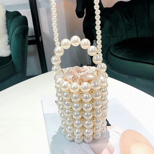 Handmade Big Pearl Bucket Bag Women Hand Woven High Quality