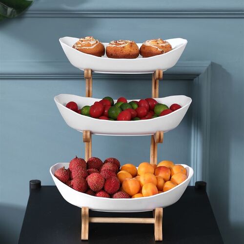 2/3 Tiers Plastic Fruit Plates With Wood Holder Oval Serving