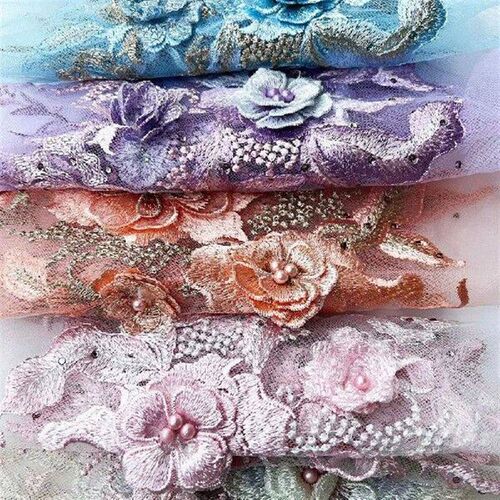 Rhinestones 3D Flowers Beaded Lace Fabrics Applique