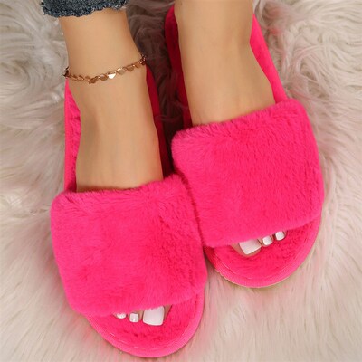 Fuzzy Slippers Women Winter Indoor Lazy Oneword Plush Slippe