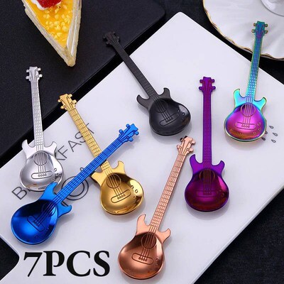 7PCS/SET Stainless Steel Guitar Teaspoon Coffee Spoon Creati