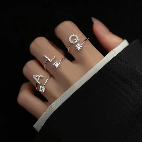 Fashion Crystal Name Letters Rings Classic Cubic Zirconia Ad