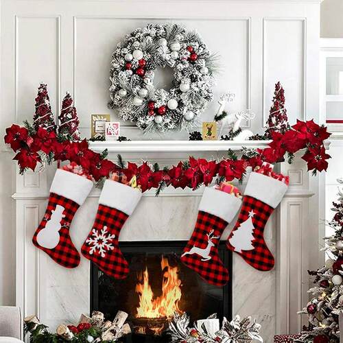 Christmas Stocking 17 Inch Large Buffalo Plaid, Faux Fur Cuf