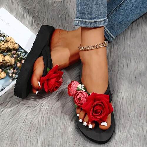 Slippers For Women Ladies Summer Flip Flops Open Toe Flowers