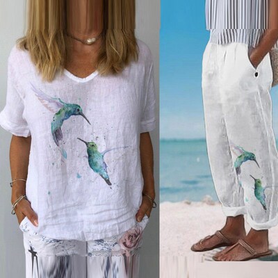 Summer Outfits for Women Cotton Linen Suit 2023 Casual Print