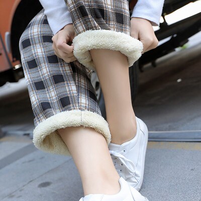 Fashion Warm Plush Pants Lamb Fleece Thick Plaid Women Winte