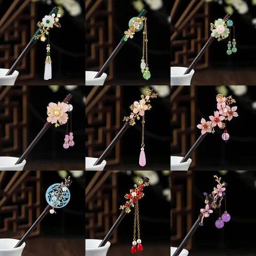 Wooden Hair  Chinese Style Winding Flower Hairpin With Tasse