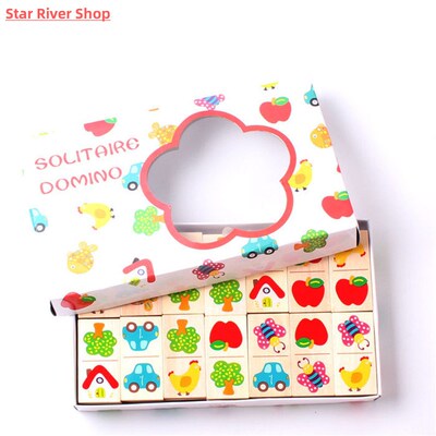28pcs Wooden Domino Fruit Animal Recognize Blocks Dominoes G