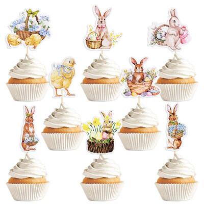 8/16pcs Easter Bunny Chick Cupcake Toppers Happy Easter Part