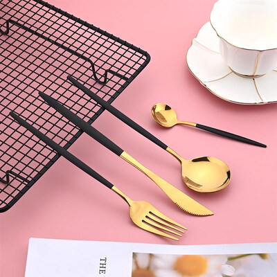 Dinnerware Black Gold Stainless Steel Cutlery Set Flatware D
